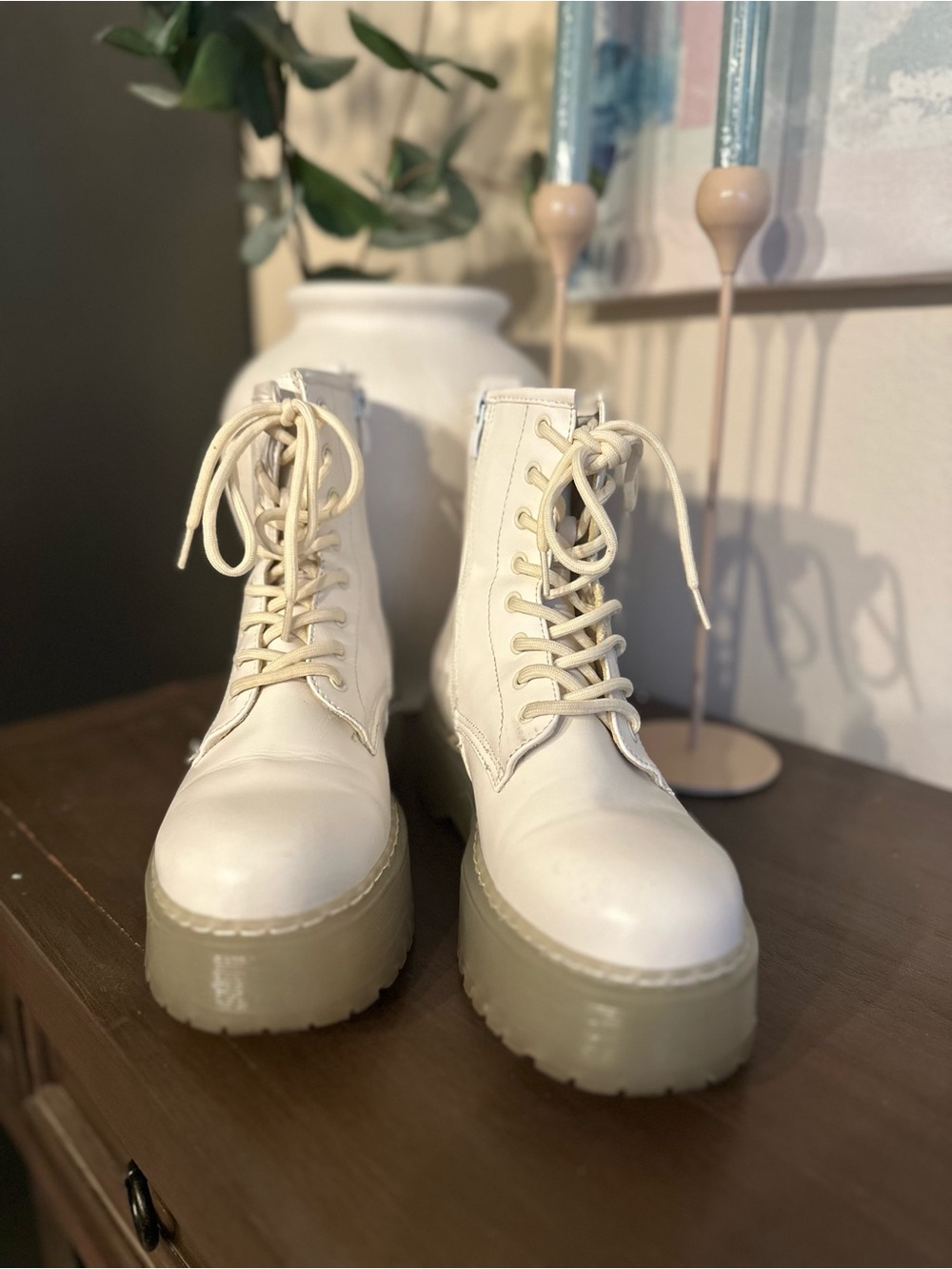 Steve Madden Cream Lace-Up Platform Ankle Boots
